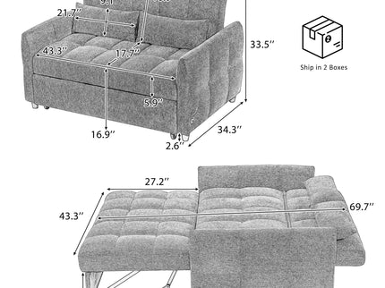 Loveseat Sofa Pull-Out Bed With Adjustable Backrest, 3 USB Ports And 2 Lumbar Pillows For Living Room