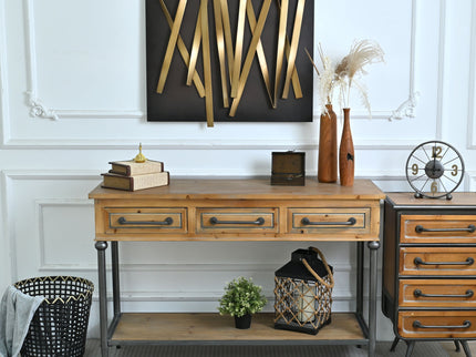 Accent Storage Console Table With Open Shelf And 3 Drawers For Living Room - Natural Wood / Brown