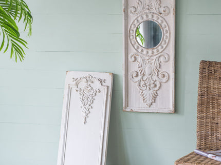 Large Wooden Wall Art Panels With Distressed Round Mirror Accents (Set of 2) - White
