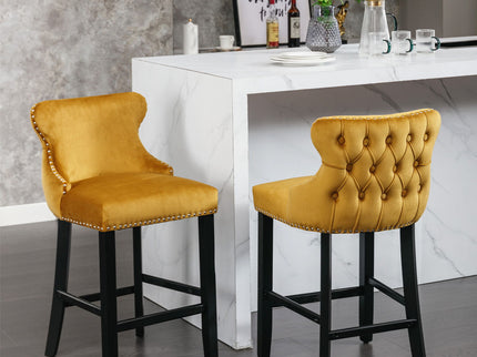 Contemporary Upholstered Wing-Back Barstools With Button Tufted Decoration And Wooden Legs, And Nailhead Trim, Leisure Style Bar Chairs, Bar Stools (Set of 2)