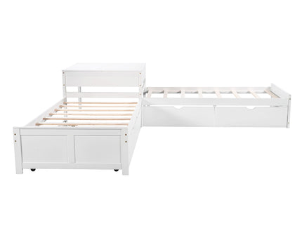 L Shaped Platform Bed With Trundle And Drawers Linked With Built In Desk