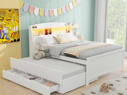 Full Size Platform Bed With Storage LED Headboard, Twin Trundle And 3 Drawers - White