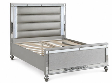 Modern Bed With LED Lights And Glass Panels, 2 Nightstands