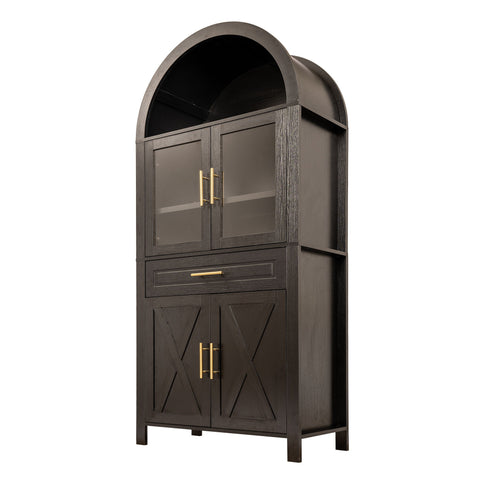 Arched Kitchen Pantry Cabinet With Adjustable Shelves & Barn Door Design