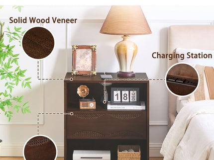 Nightstand With USB Ports & Outlet Hole, End Table With Drawer