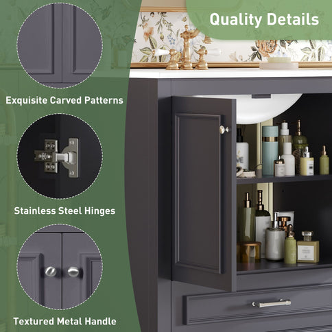 Bathroom Vanity With Sink, Cabinet & 2 Soft Closing Doors & Adjustable Shelf