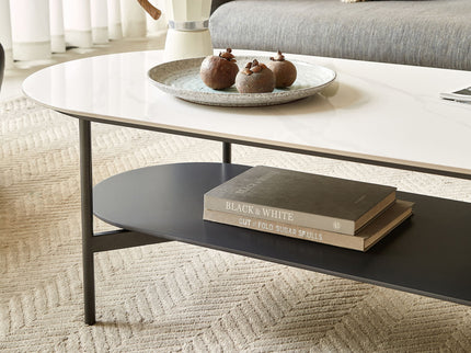 Contemporary Coffee Table Sintered Stone Surface With Ceramic Finish Double Layer Design Base Matte Shelf Modern Living Room Center Table - White / Gray