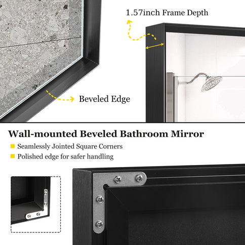 40X30" Glossy Bathroom Mirrors For Wall Rectangle Vanity Mirror Corner Hangs Farmhouse Mirror Modern Metal Framed Rectangular Mirror, Decorative Square Corner Mirror (Horizontal & Vertical) - Black