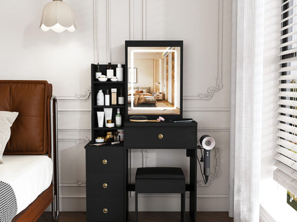 Vanity Desk With 3 LED Lighting Modes, 4 Drawers, Open Shelves, Hair Dryer Holder & Power Socket Dressing Table Set With Chair - Black