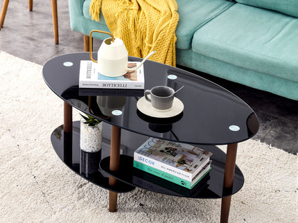 Oval Glass Coffee Table, Modern Table In Living Room Oak Wood Leg Tea Table 3-Layer Tempered Glass Table - Brown / Black