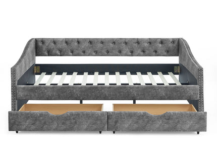 Upholstered Tufted Daybed With Drawers, Waved Arms