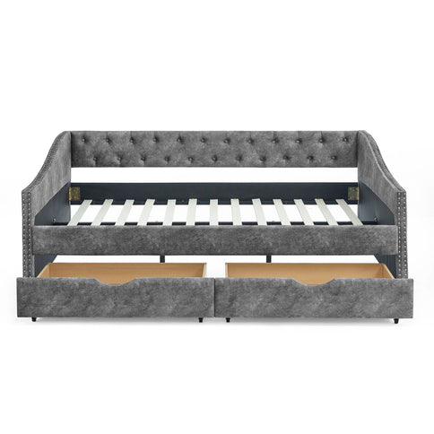 Upholstered Tufted Daybed With Drawers, Waved Arms