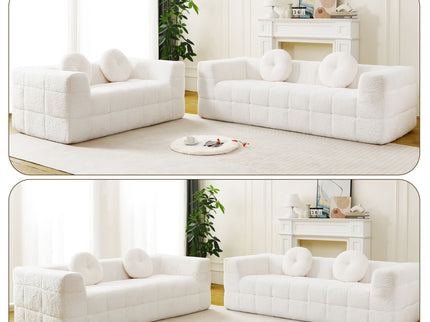 Boneless 3 Seater Sofa With Circular Throw Pillows - Beige