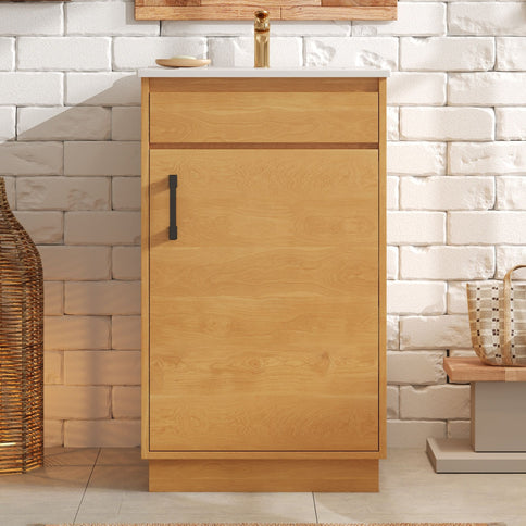 Bathroom Vanity With Sink, Freestanding Single Cabinet With Soft Closing Door And Adjustable Shelf - Natural Wood