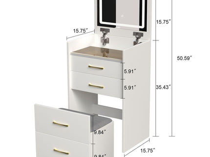 Compact 3 In 1 Vanity Desk With Open Top Mirror, Glass Desktop, 5 Height - White
