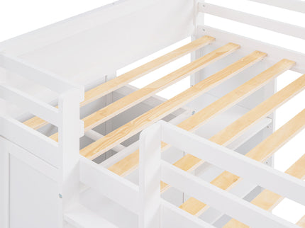 Loft Bed With A Stand Alone Bed, Shelves, Desk, And Wardrobe