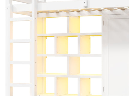 Twin Size Loft Bed With Wardrobe, Storage Shelves, Slide And LED - White