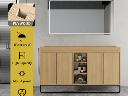 58" Freestanding Bathroom Cabinet With 4 Soft Close Doors & 3 Open Racks (Vanity Only, No Sink) - Oak