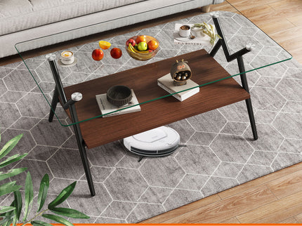 Rectangle Coffee Table With Tempered Glass Top And Shelf
