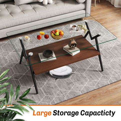 Rectangle Coffee Table With Tempered Glass Top And Shelf