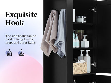 Tall Freestanding Bathroom Storage Cabinet With Adjustable Shelves And Side Hooks