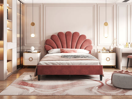 Upholstered Platform Bed With Flower Pattern Headboard