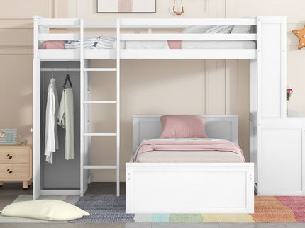 Loft Bed With A Stand Alone Bed, Shelves, Desk, And Wardrobe