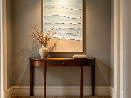 Framed Beach Wall Art, Textured Canvas Painting, Neutral Ocean Decor For Living Room - Beige / Blue