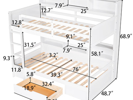 Twin Size Bunk Bed With Built-In Shelves Beside Both Upper And Down Bed And Storage Drawer