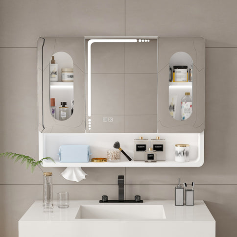 Wall Mounted Bathroom Mirror Cabinet With LED Lights, Anti Fog & Explosion Proof, Touch Control Medicine Cabinet, 3 Color Lighting - White