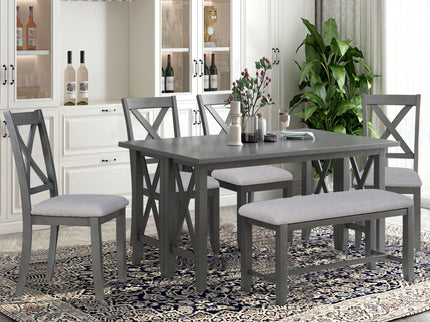 Foldable Dining Set For 6 With 4 Chairs And Bench, Space Saving Design - Gray