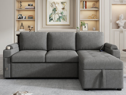 Convertible L Shaped Sofa Couch With Storage, Cup Holders, USB Ports