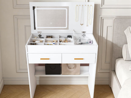 Flip Top Vanity Desk With LED Mirror & Outlet Makeup Table With 2 Drawers, Open Storage, And Jewelry Hooks - White