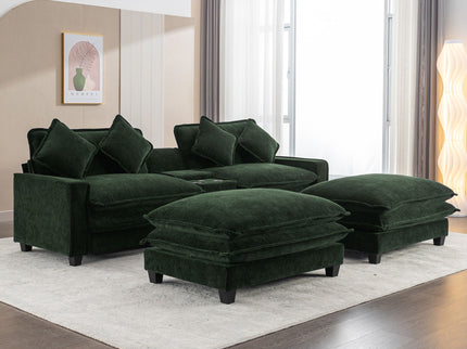 Sectional Sofa Upholstered Sofa With Two Removable Ottoman, Two USB Ports, Two Cup Holders And Large Storage Box For Living Room
