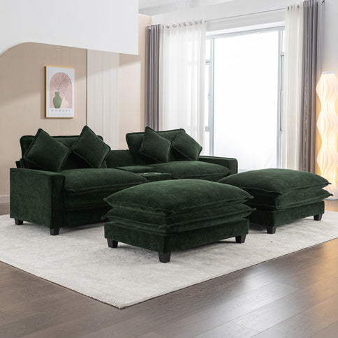 Sectional Sofa Upholstered Sofa With Two Removable Ottoman, Two USB Ports, Two Cup Holders And Large Storage Box For Living Room