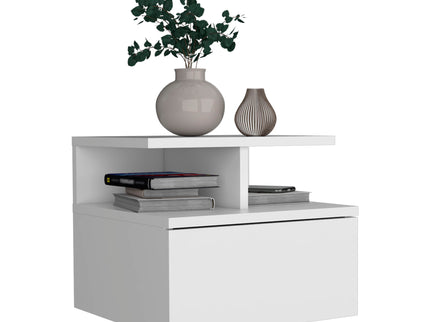 Floating Nightstand Wall Mounted With Single Drawer And 2 Tier Shelf - White