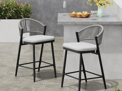 Outdoor 26" Counter Height Metal Frame Counter Stools With Scallop Shaped Backrest & Water Resistant Cushions
