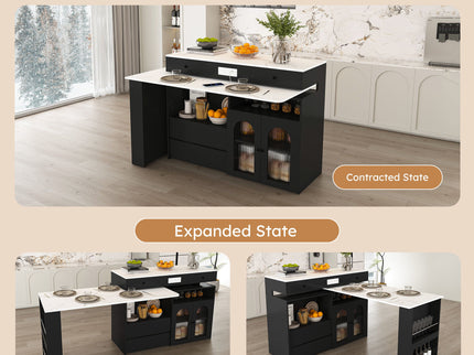 Kitchen Island With Extendable Rotating Table, 4 Drawers & Glass Door Cabinets, Built In Socket - Black