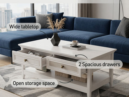 Coffee Table With Drawers & Storage Shelf - White