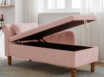 Chaise Lounge Indoor, Lounge Chair For Bedroom With Storage & Pillow, Modern Upholstered Rolled Arm Chase Lounge For Sleeping With Nailhead Trim For Living Room Bedroom Office