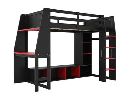 Gaming Loft Bed With Desk, Multi Storage Shelves, LED Lighting, And Hanging Clothes Rack