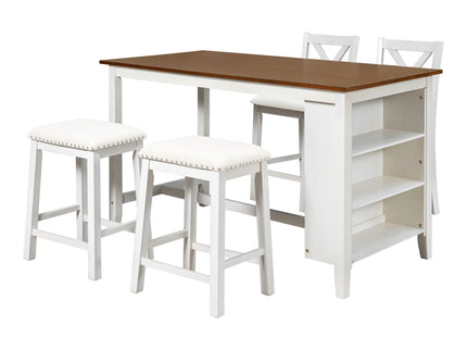 5 Pieces Counter Height Rustic Farmhouse Dining Room Wooden Bar Table Set With 2 Stools And 2 Chairs
