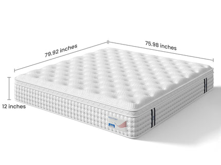12" Hybrid Mattress, Memory Foam & Pocket Spring Bed, Medium Firm Comfort, Spine Support, Quiet & Breathable - White - King