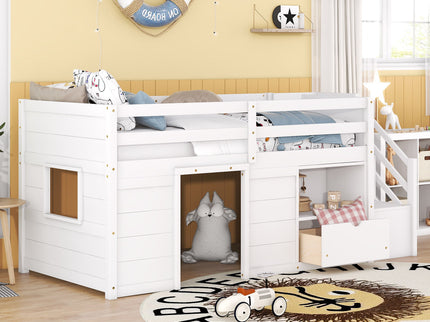 Low Loft Bed With Stair, Drawer, And Shelf