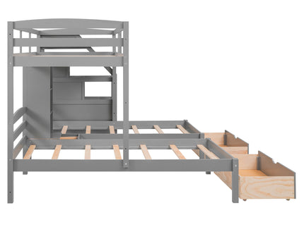 Twin Over Twin & Twin Bunk Bed With Drawers, Staircase Storage, Built In Shelves - Gray