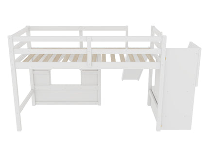 Loft Bed With Storage Stairs, Slide, Playhouse Window And 7 Colors LED Lights