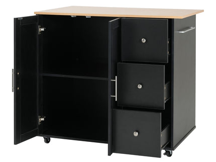 Mobile Kitchen Cart With Storage With 2 Doors, 3 Drawers & Adjustable Shelf - Black / Natural
