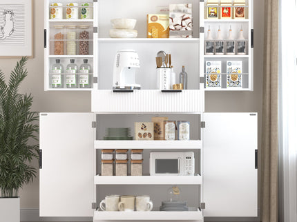 Fluted Kitchen Pantry Cabinet With 3 Keyboard Drawers & 6 Adjustable Door Shelves