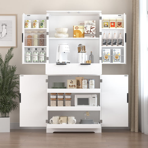 Fluted Kitchen Pantry Cabinet With 3 Keyboard Drawers & 6 Adjustable Door Shelves