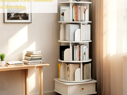 Rotating Bookshelf With Wheels And Drawer, 360° Spinning Design, Space Saving Storage